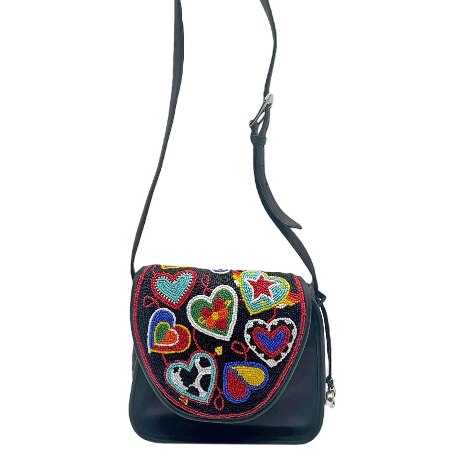 BRIGHTON Vintage Leather Beaded Hearts Flap Saddle Bag - Black