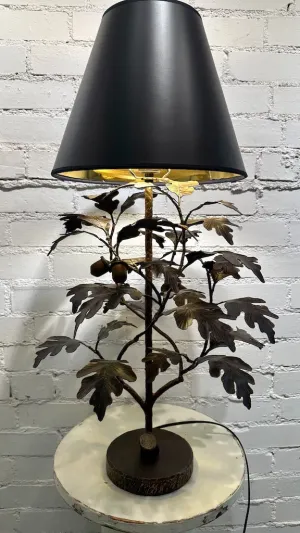 BRONZE OAK AND ACORN LAMP WITH Black Shade