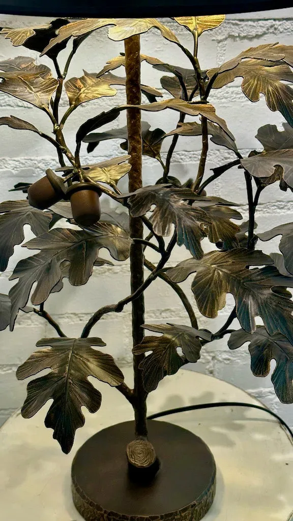 BRONZE OAK AND ACORN LAMP WITH Black Shade