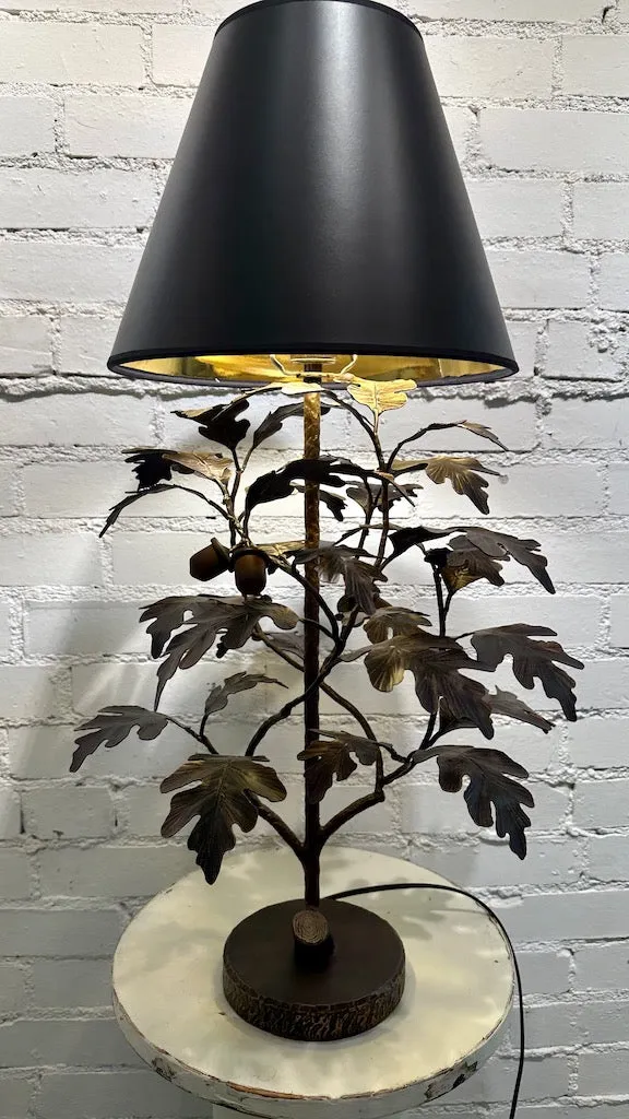 BRONZE OAK AND ACORN LAMP WITH Black Shade