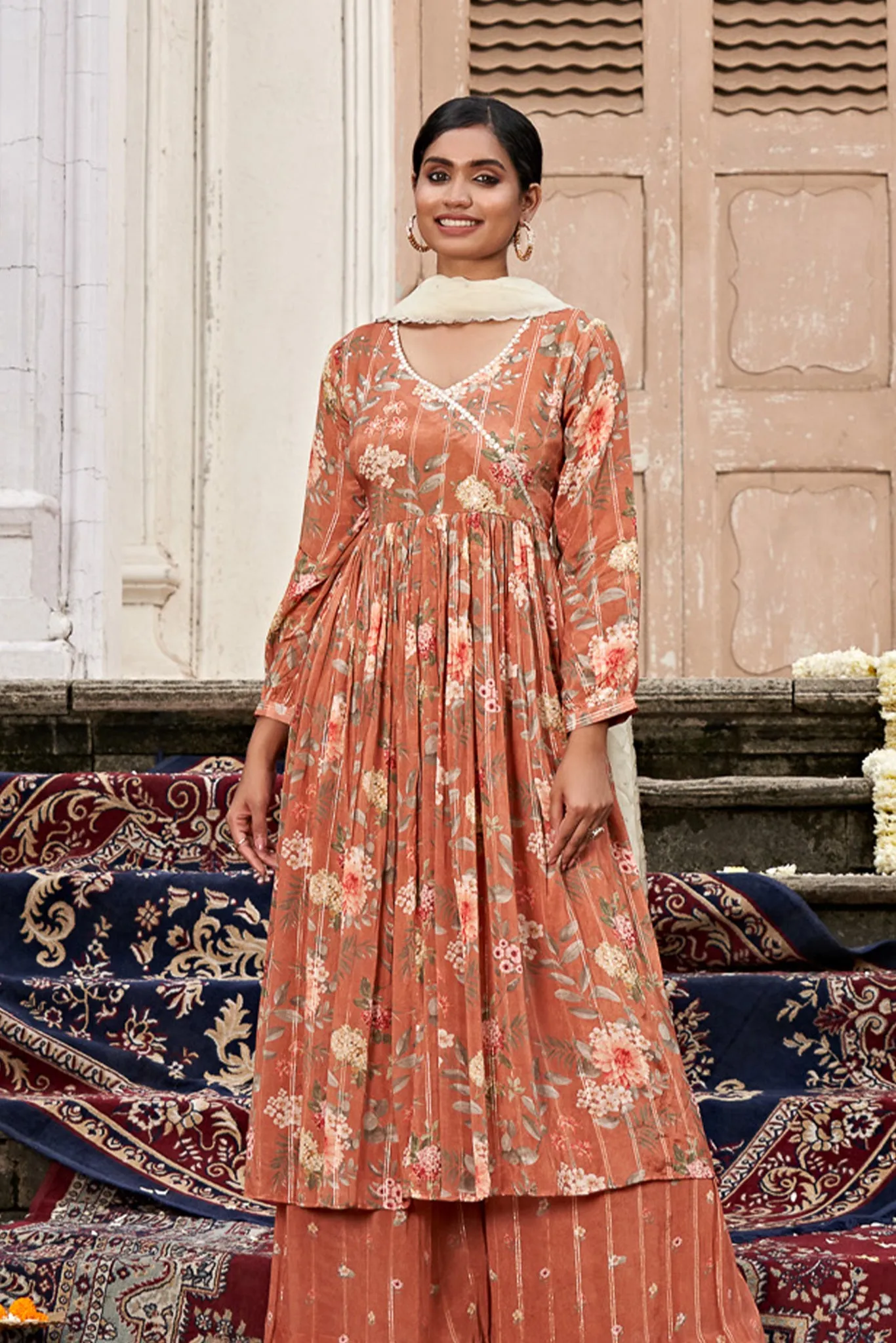 Brown Suit set with off white dupatta