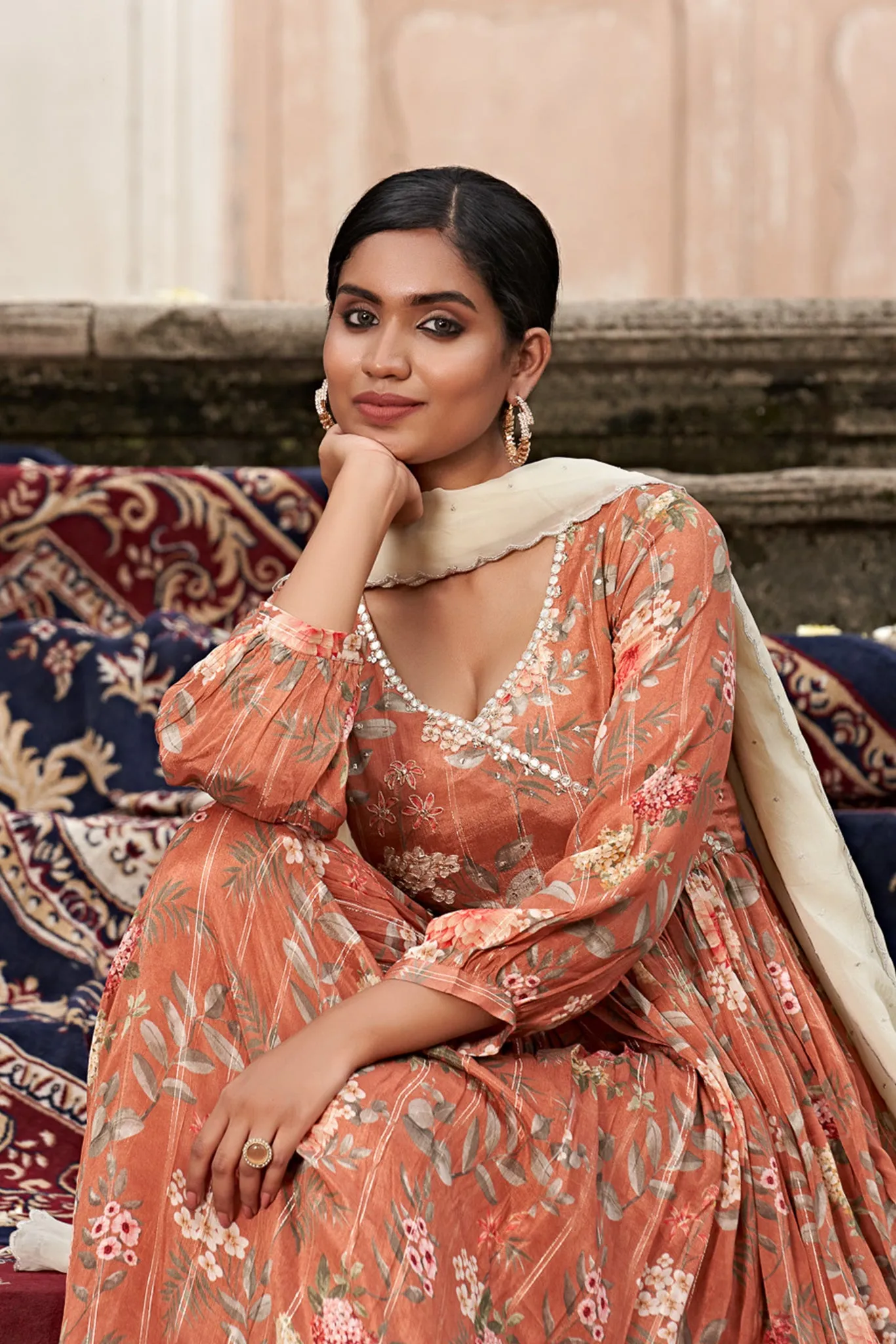 Brown Suit set with off white dupatta