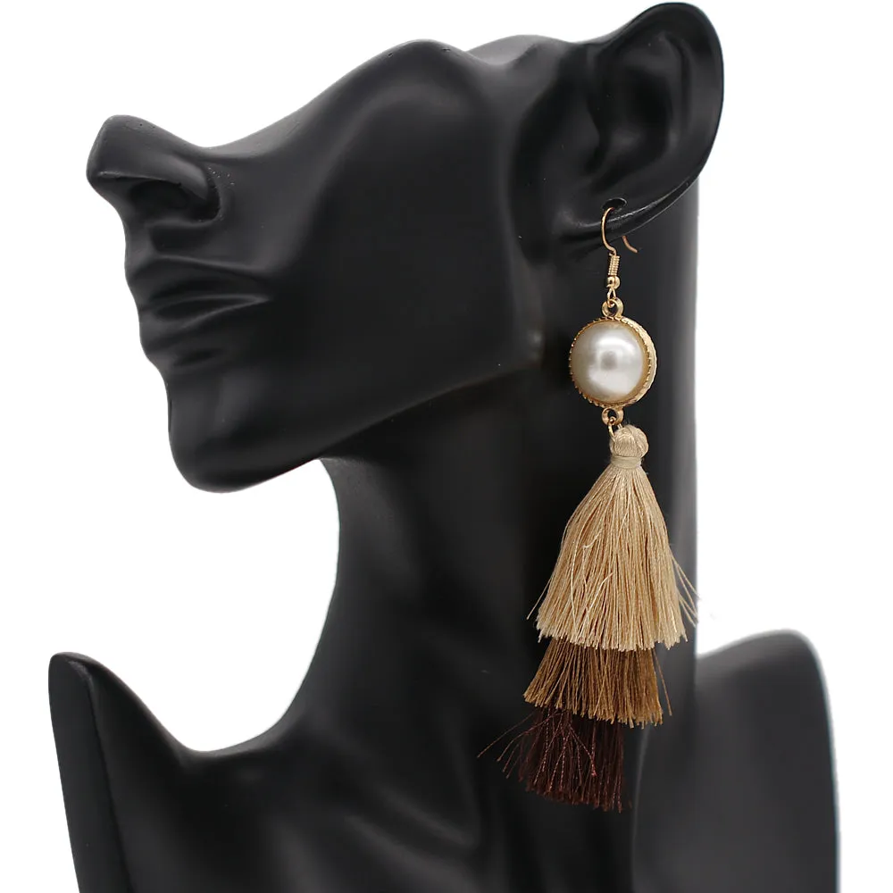 Brown Two Tone Layered Tassel Fringe Earrings