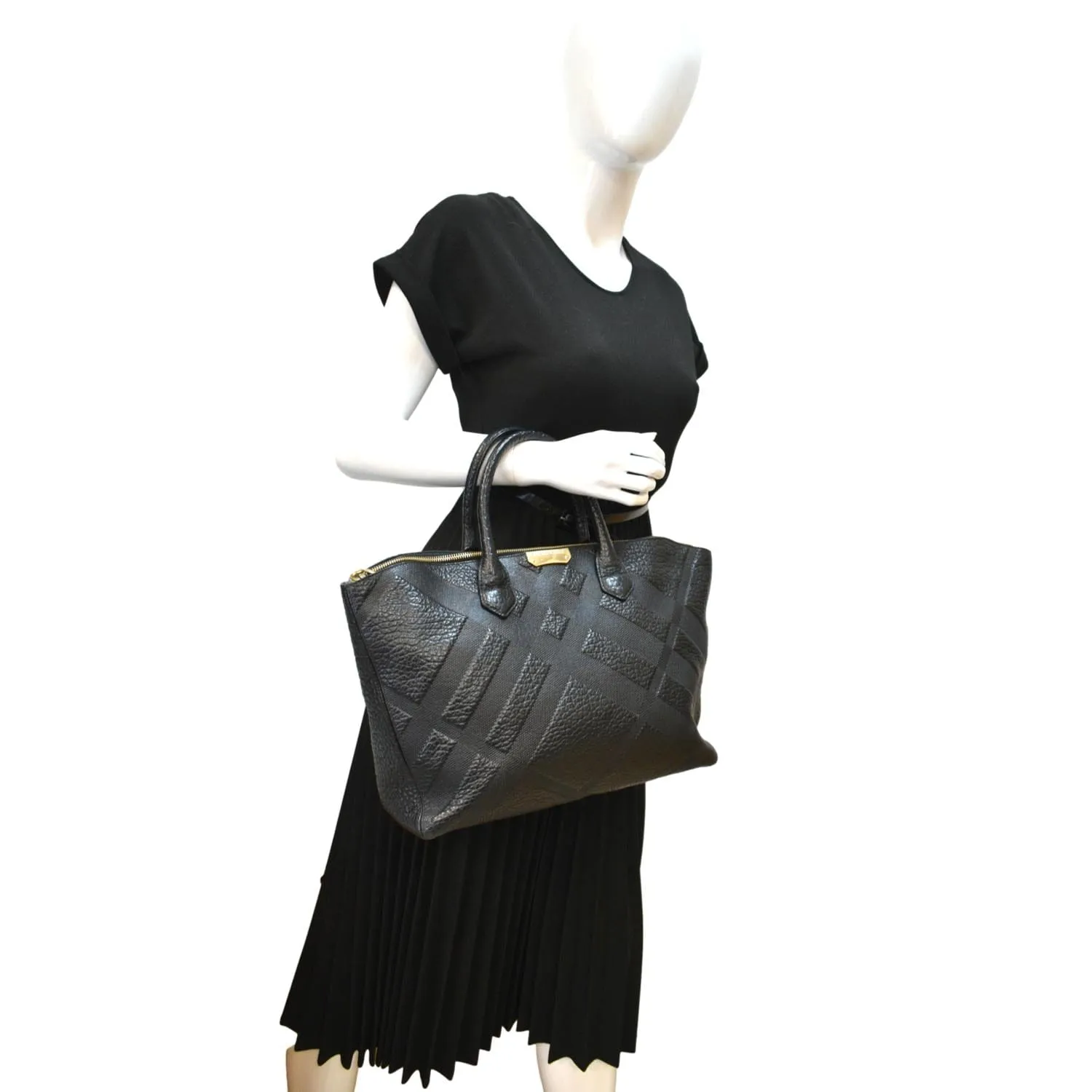BURBERRY Dewsbury Medium Grain Check Embossed Tote Bag Black