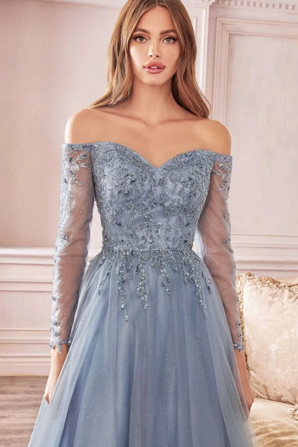 CD CD0172 - A Line Off the Shoulder Prom Gown with Long Sleeves & Sweetheart Neckline