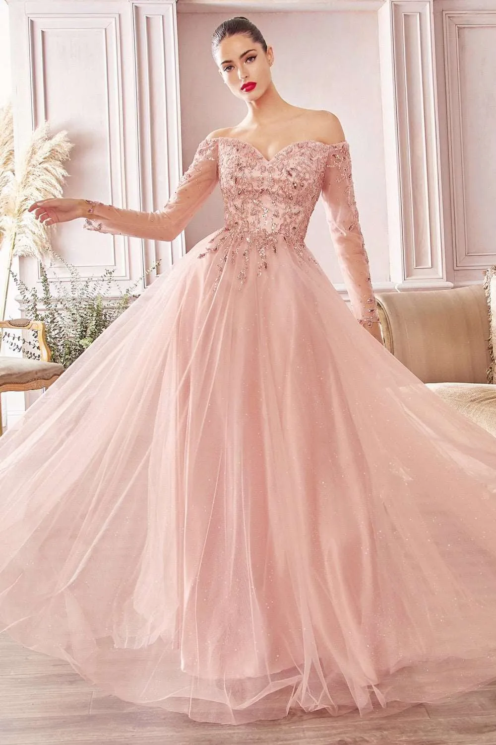 CD CD0172 - A Line Off the Shoulder Prom Gown with Long Sleeves & Sweetheart Neckline