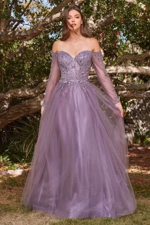 CD CD0172 - A Line Off the Shoulder Prom Gown with Long Sleeves & Sweetheart Neckline