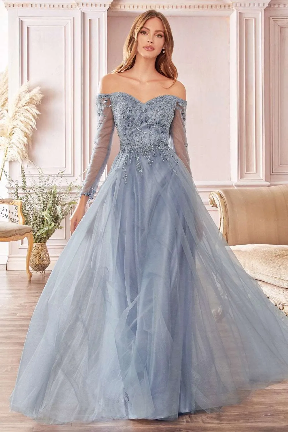 CD CD0172 - A Line Off the Shoulder Prom Gown with Long Sleeves & Sweetheart Neckline