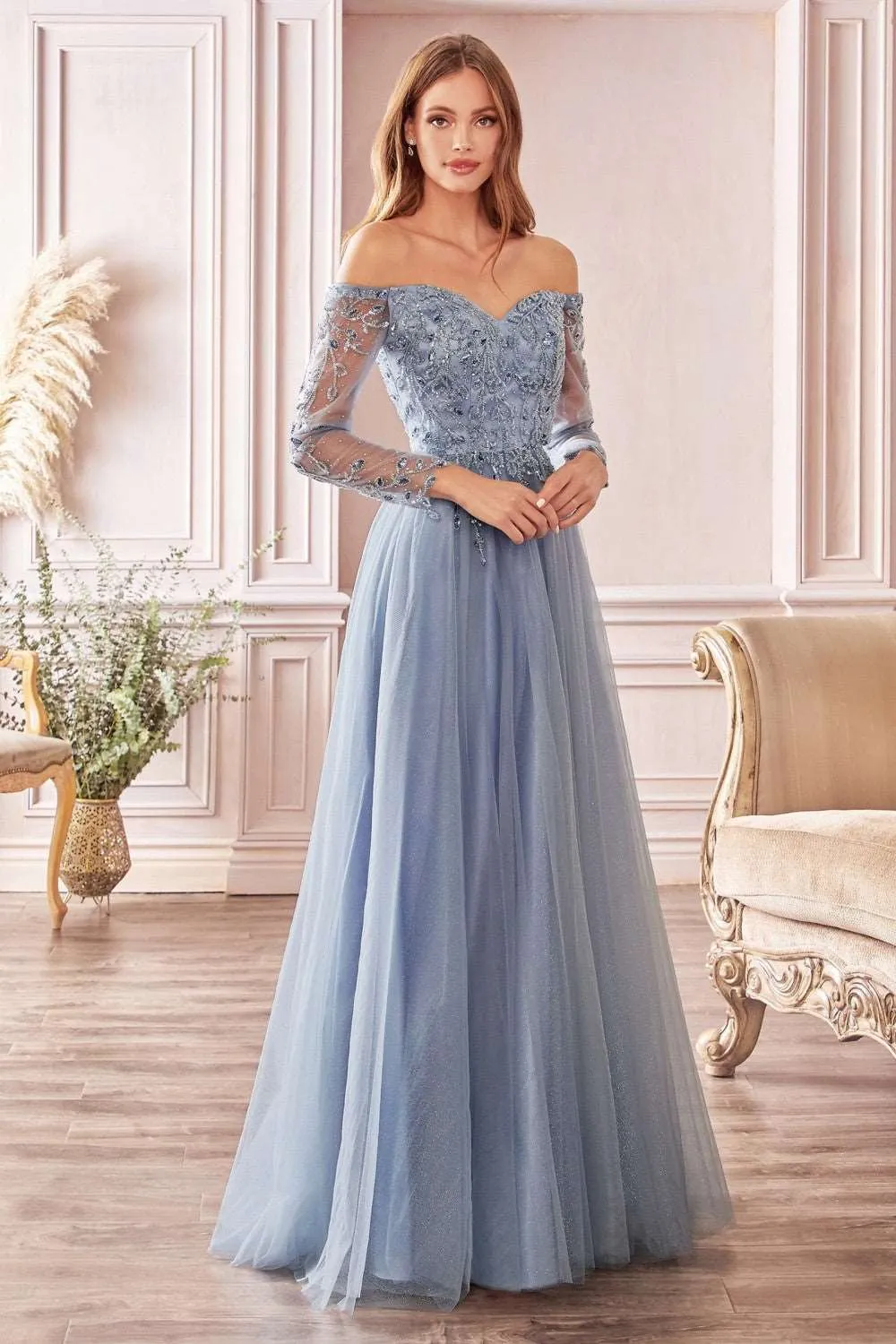CD CD0172 - A Line Off the Shoulder Prom Gown with Long Sleeves & Sweetheart Neckline