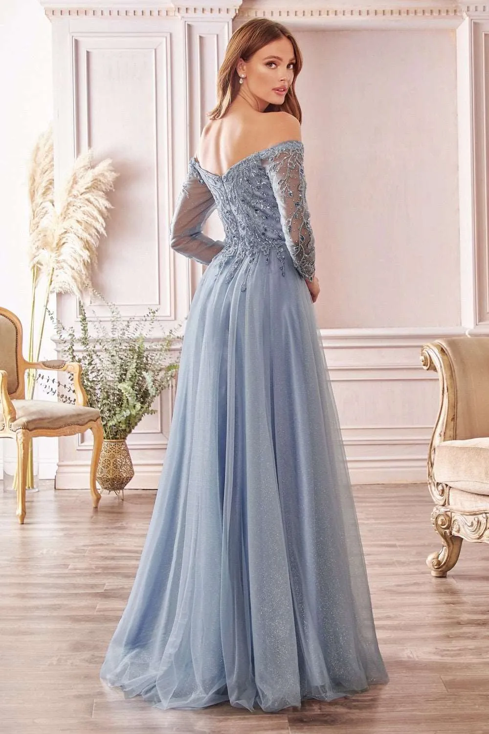 CD CD0172 - A Line Off the Shoulder Prom Gown with Long Sleeves & Sweetheart Neckline