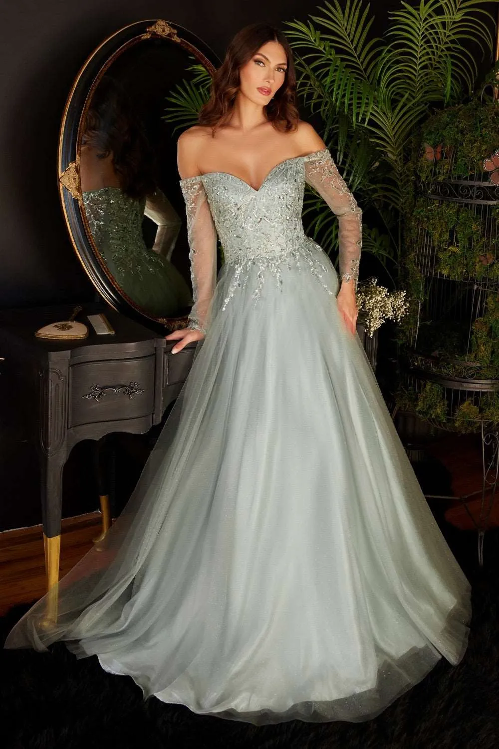 CD CD0172 - A Line Off the Shoulder Prom Gown with Long Sleeves & Sweetheart Neckline