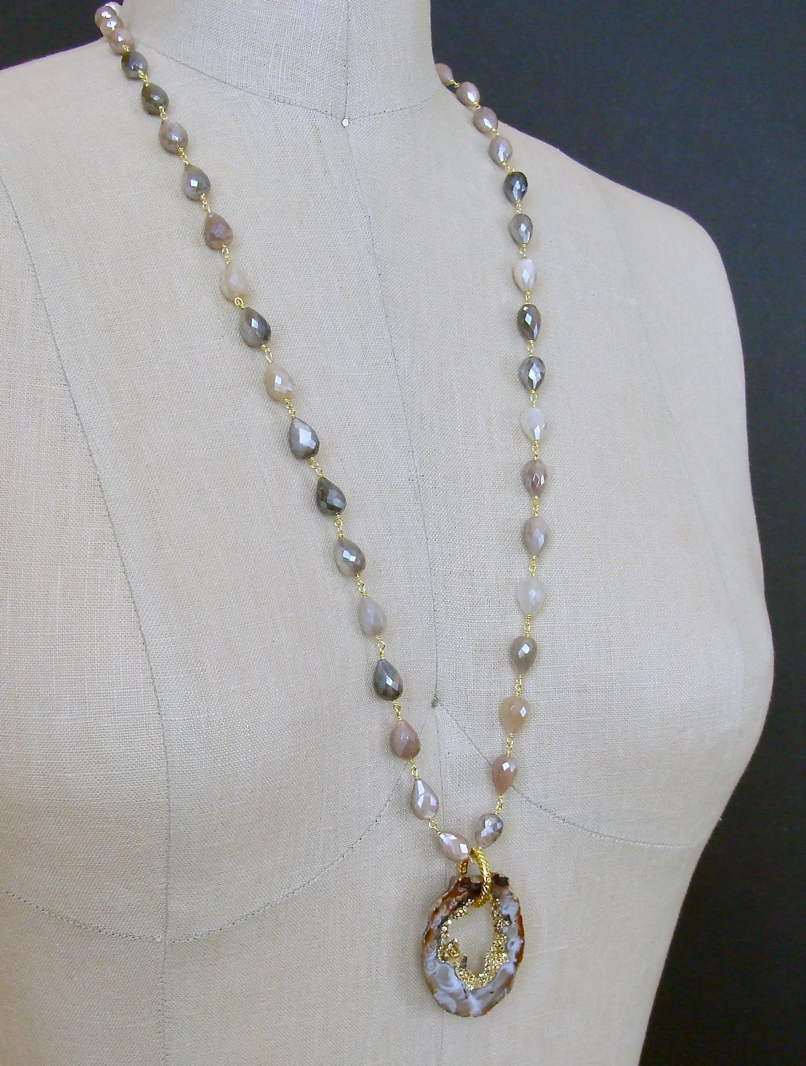 Champagne Moonstone Necklace with Detachable Geode Slice Pendant - Coco Necklace