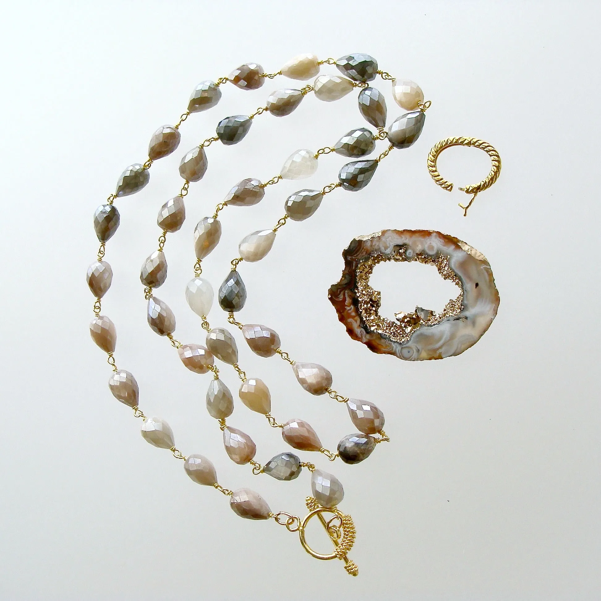 Champagne Moonstone Necklace with Detachable Geode Slice Pendant - Coco Necklace