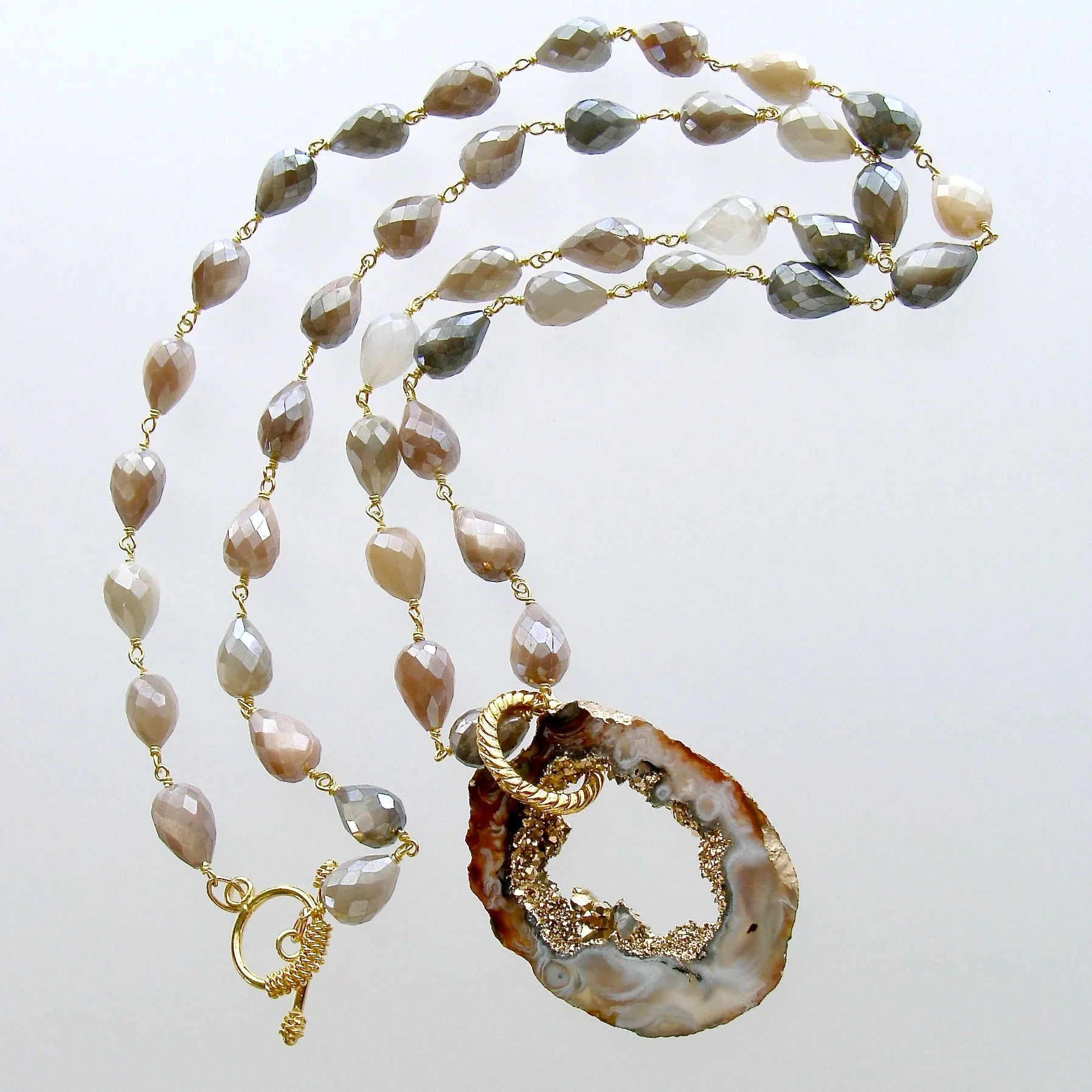 Champagne Moonstone Necklace with Detachable Geode Slice Pendant - Coco Necklace