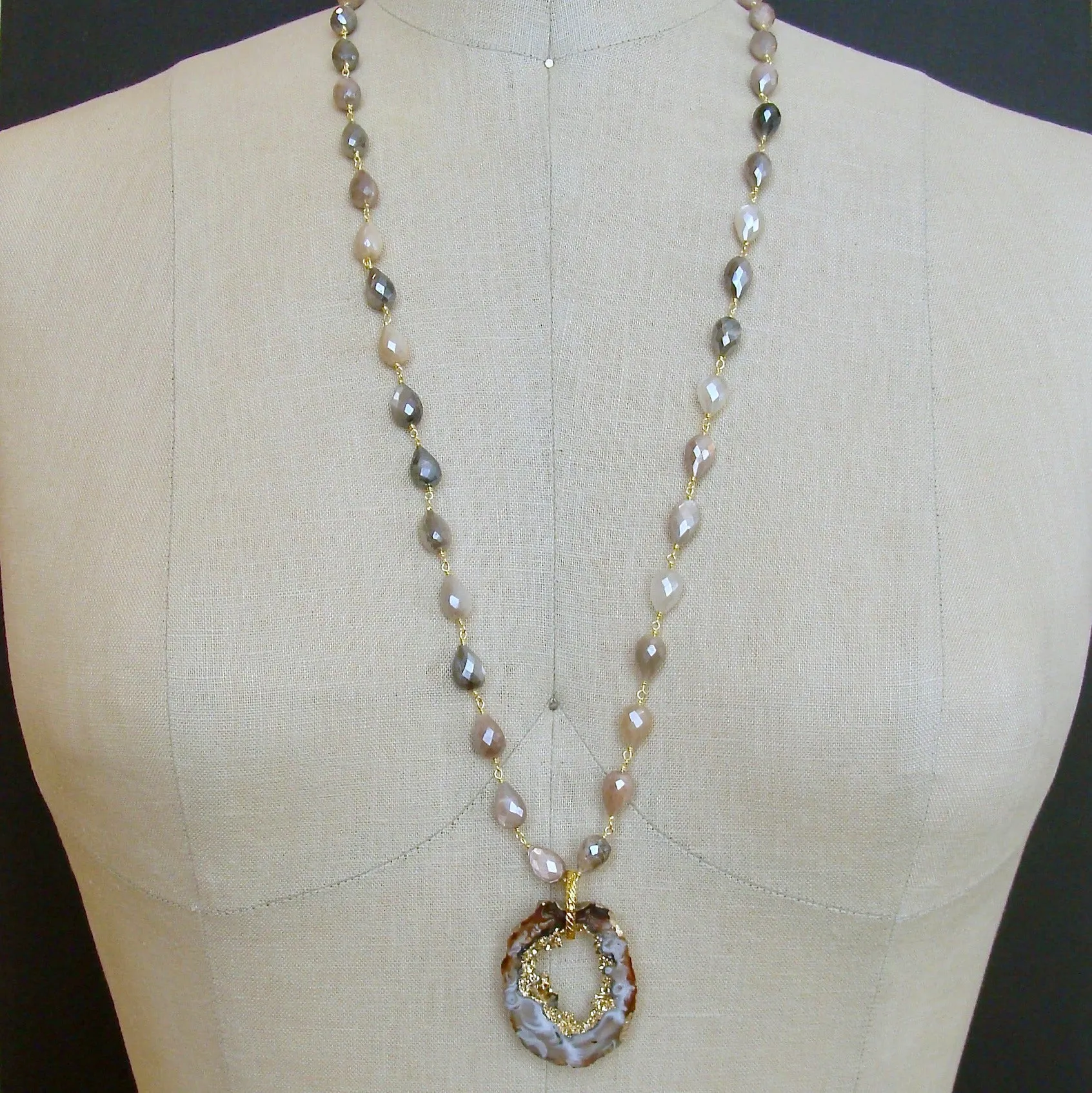 Champagne Moonstone Necklace with Detachable Geode Slice Pendant - Coco Necklace