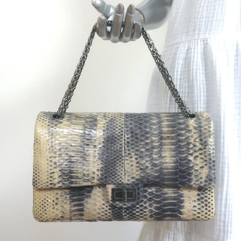 Chanel 2.55 Reissue 226 Double Flap Shoulder Bag Beige/Gray Snakeskin