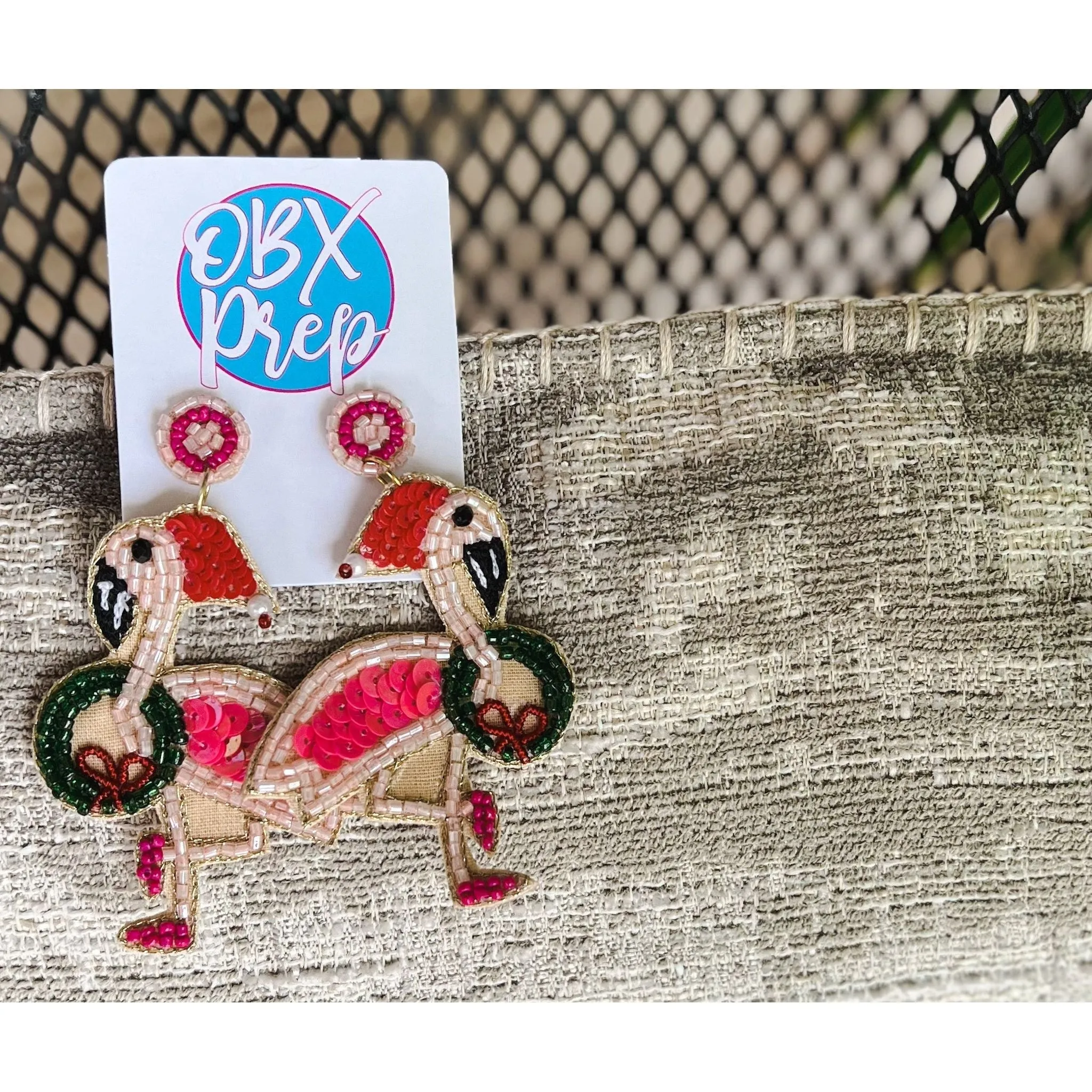 Christmas Flamingo Seed Beaded Drop Earrings S
