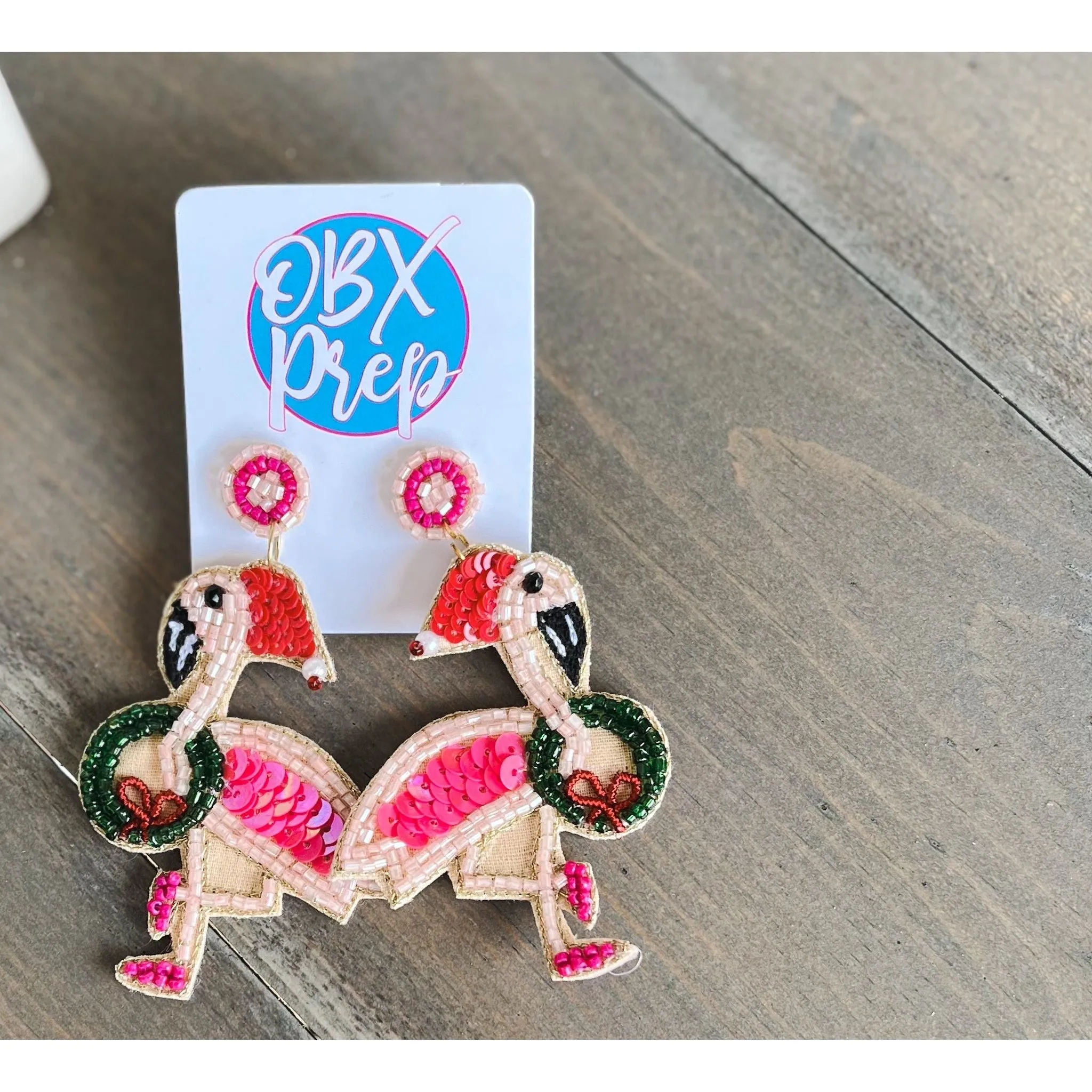 Christmas Flamingo Seed Beaded Drop Earrings S