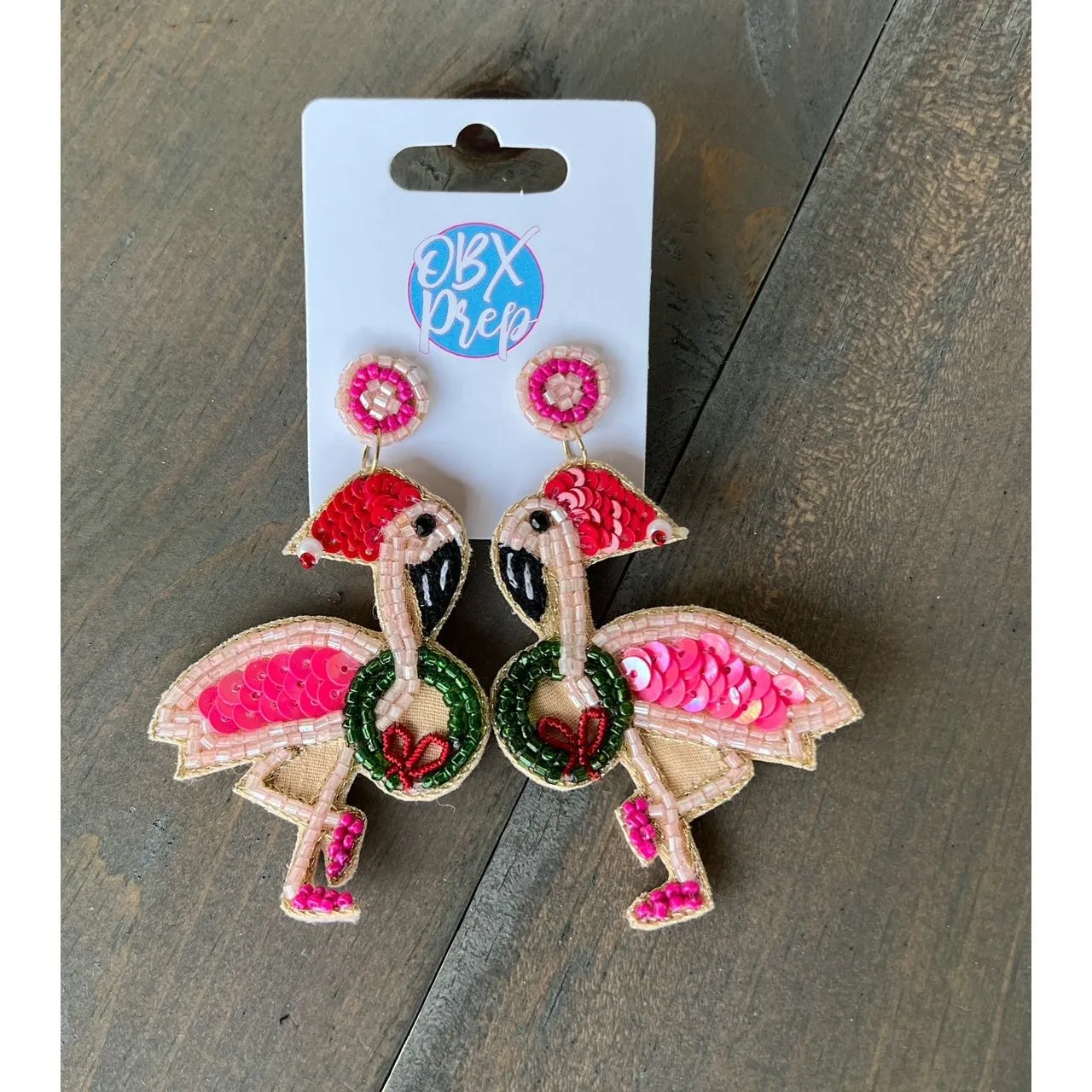 Christmas Flamingo Seed Beaded Drop Earrings S