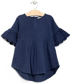City Mouse Lace Flutter Sleeve Muslin L/S Dress-Midnight (Navy)