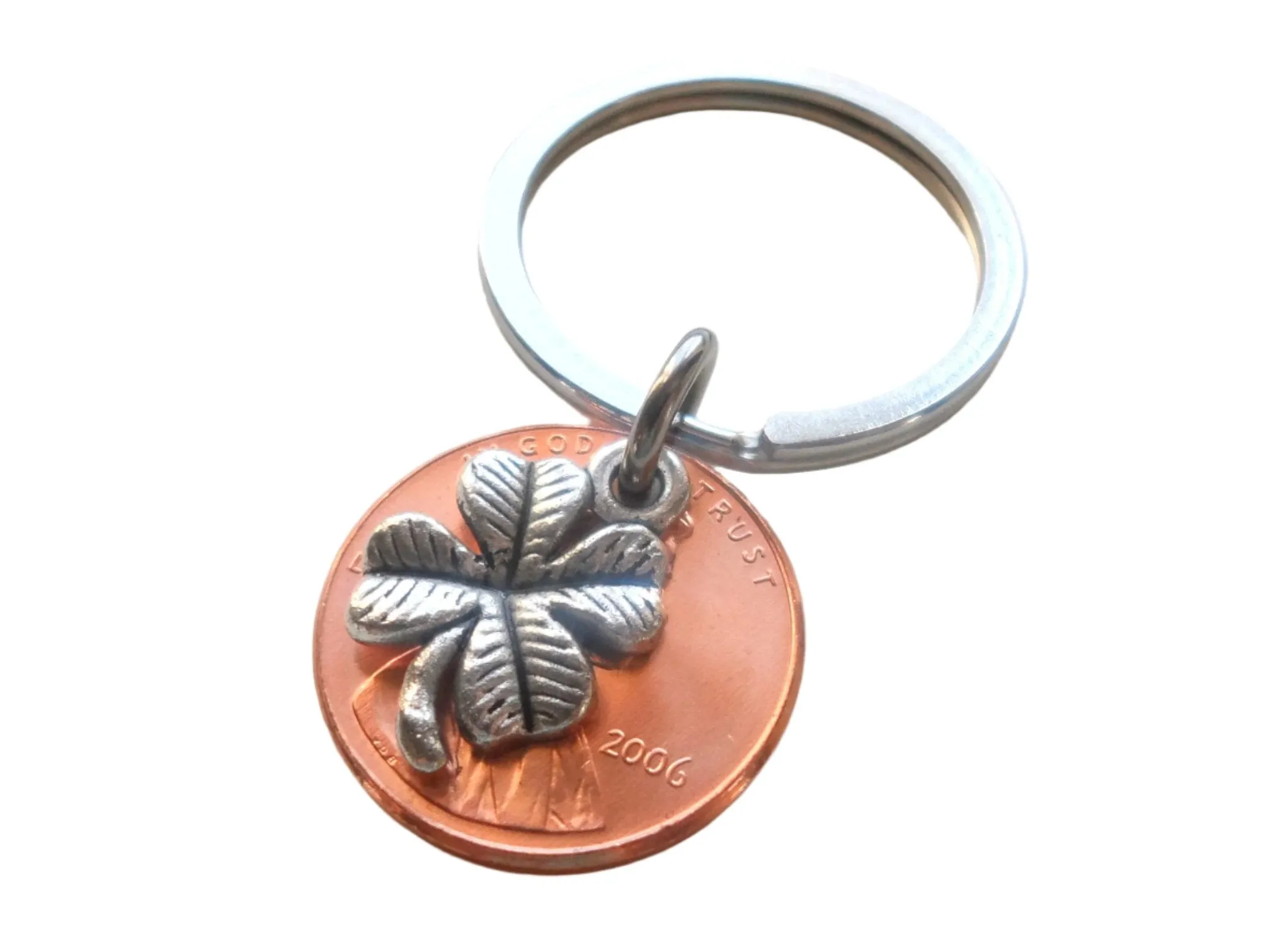 Clover Charm Layered Over 2006 Penny Keychain; 16 Year Anniversary Gift, Birthday Gift, Couples Keychain