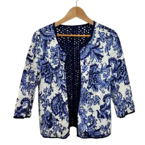 Coldwater Creek Reversible Eyelet Floral Open Front Jacket Navy/White 14 NWOT