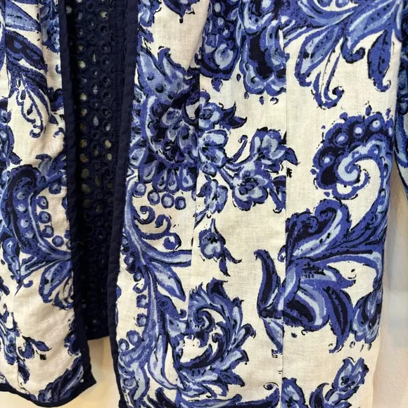 Coldwater Creek Reversible Eyelet Floral Open Front Jacket Navy/White 14 NWOT