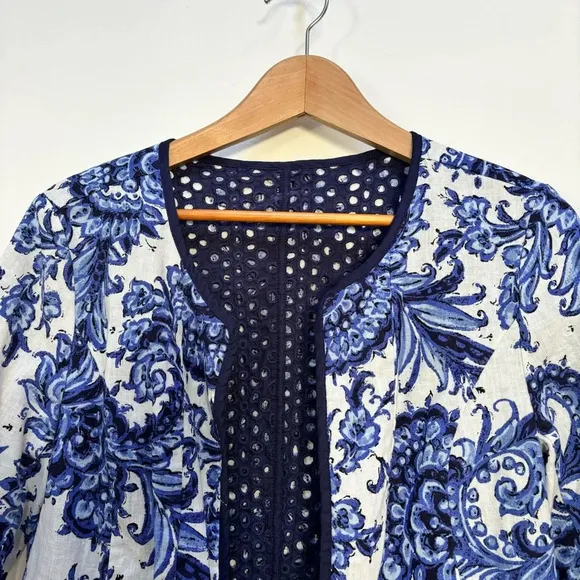 Coldwater Creek Reversible Eyelet Floral Open Front Jacket Navy/White 14 NWOT