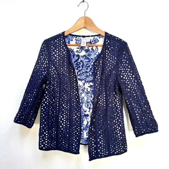 Coldwater Creek Reversible Eyelet Floral Open Front Jacket Navy/White 14 NWOT