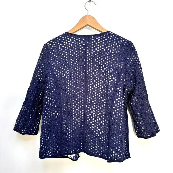 Coldwater Creek Reversible Eyelet Floral Open Front Jacket Navy/White 14 NWOT