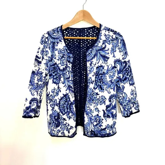 Coldwater Creek Reversible Eyelet Floral Open Front Jacket Navy/White 14 NWOT