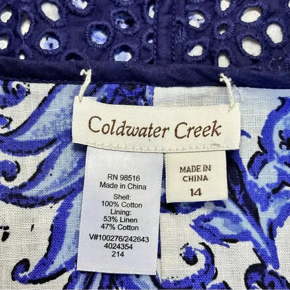 Coldwater Creek Reversible Eyelet Floral Open Front Jacket Navy/White 14 NWOT