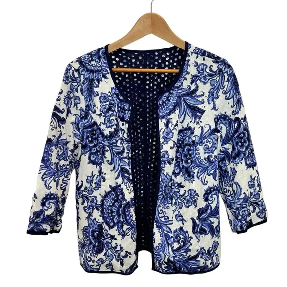 Coldwater Creek Reversible Eyelet Floral Open Front Jacket Navy/White 14 NWOT
