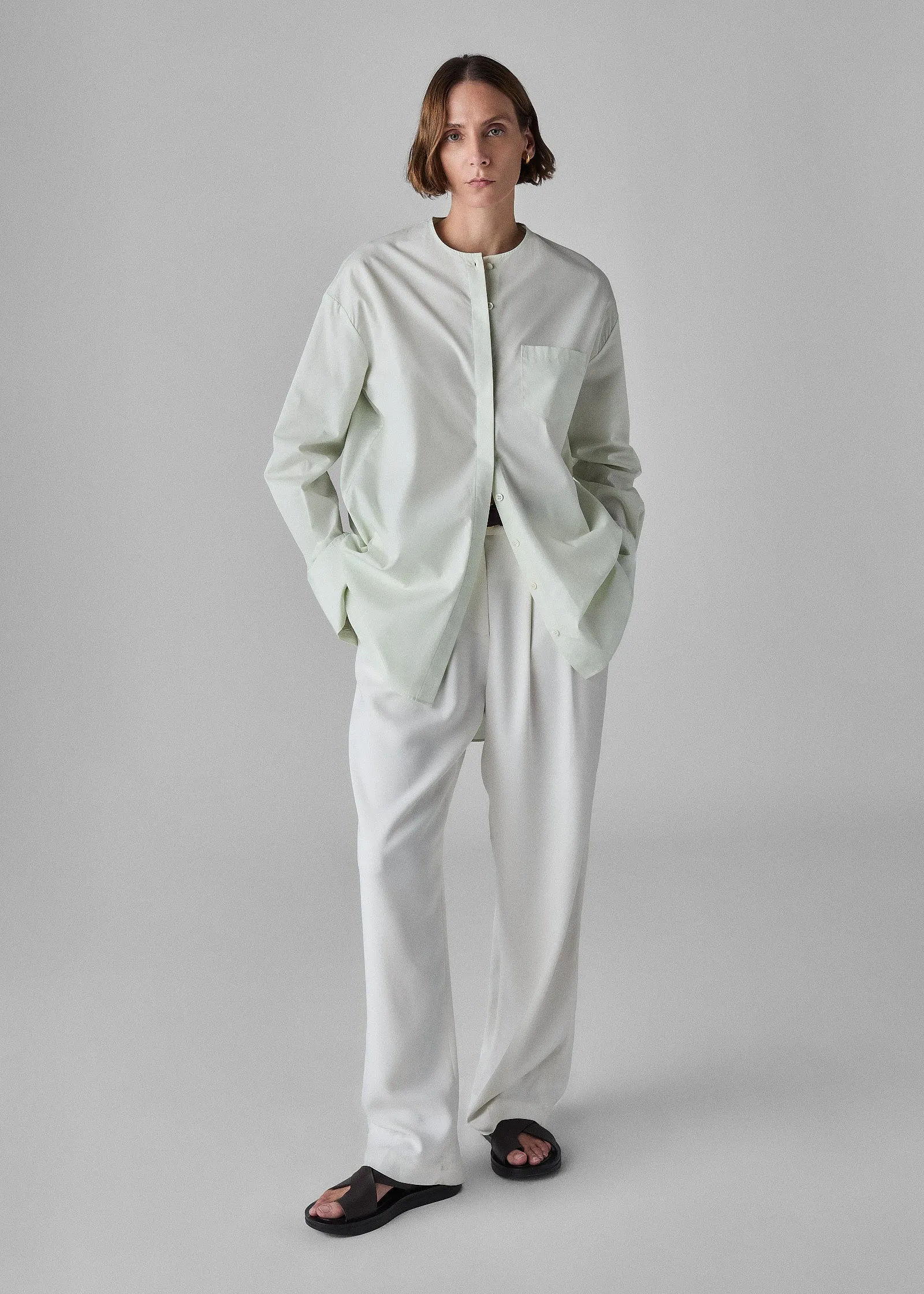Collarless Tunic in Cotton Poplin - Frost