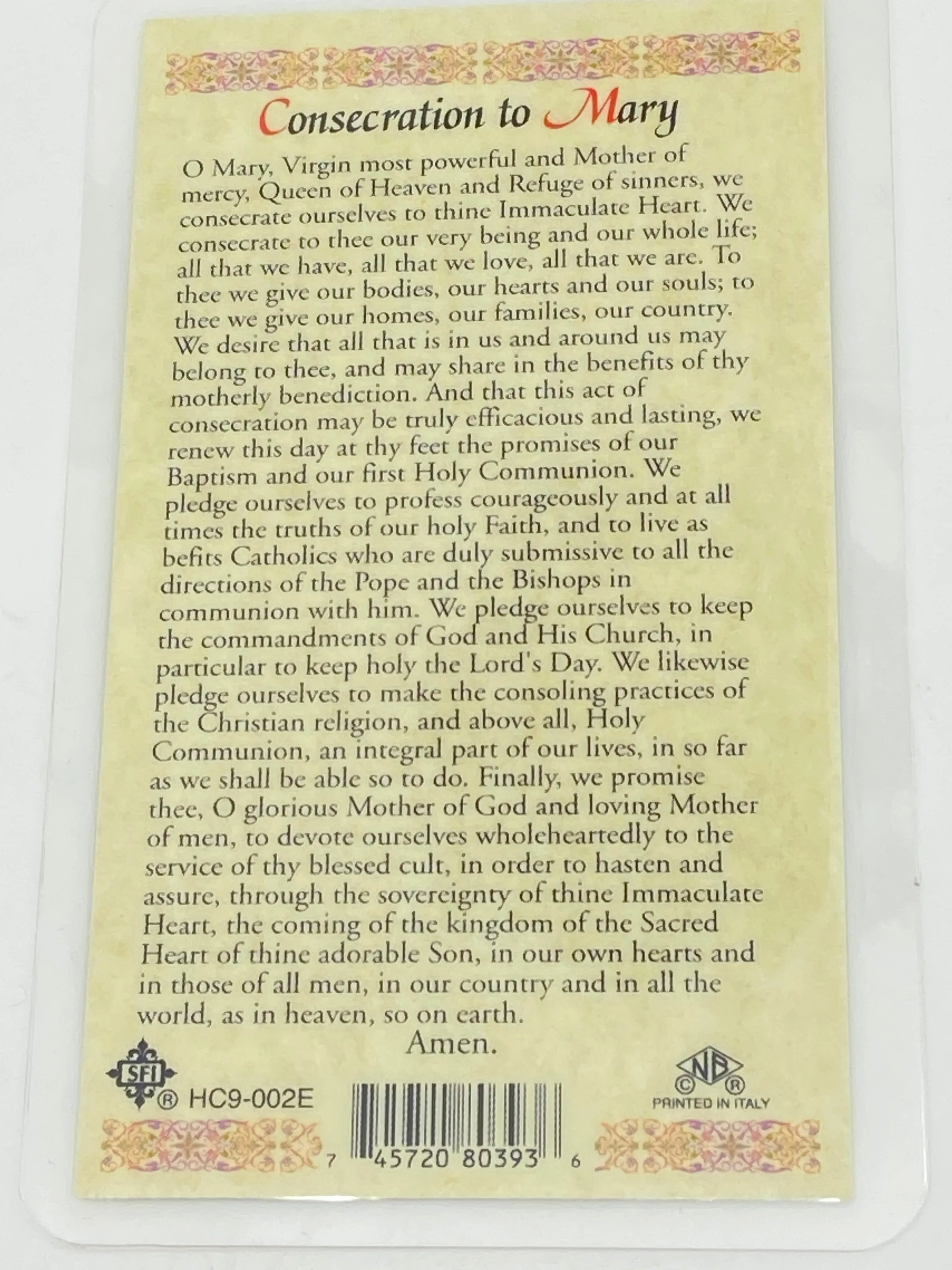 Consecration to Mary Laminated Holy Card (Plastic Covered)