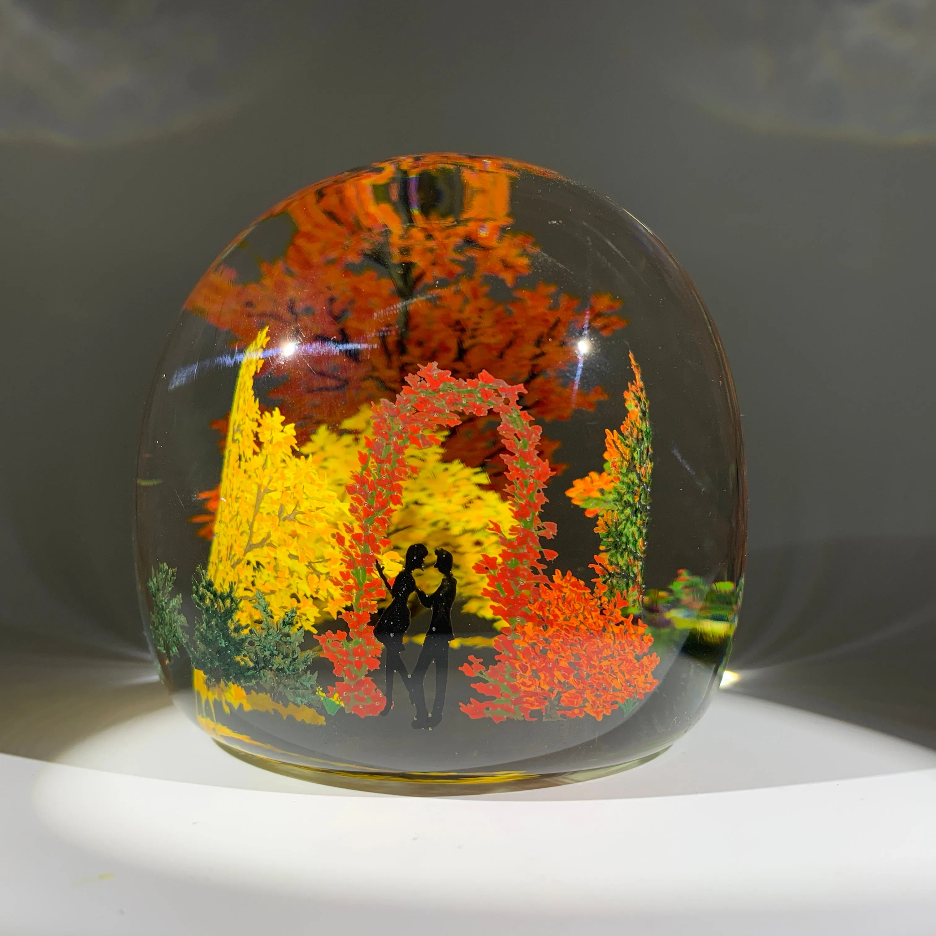 Contemporary Alison Ruzsa Art Glass Paperweight Encapsulated Hand Painted "Autumn Arbor"