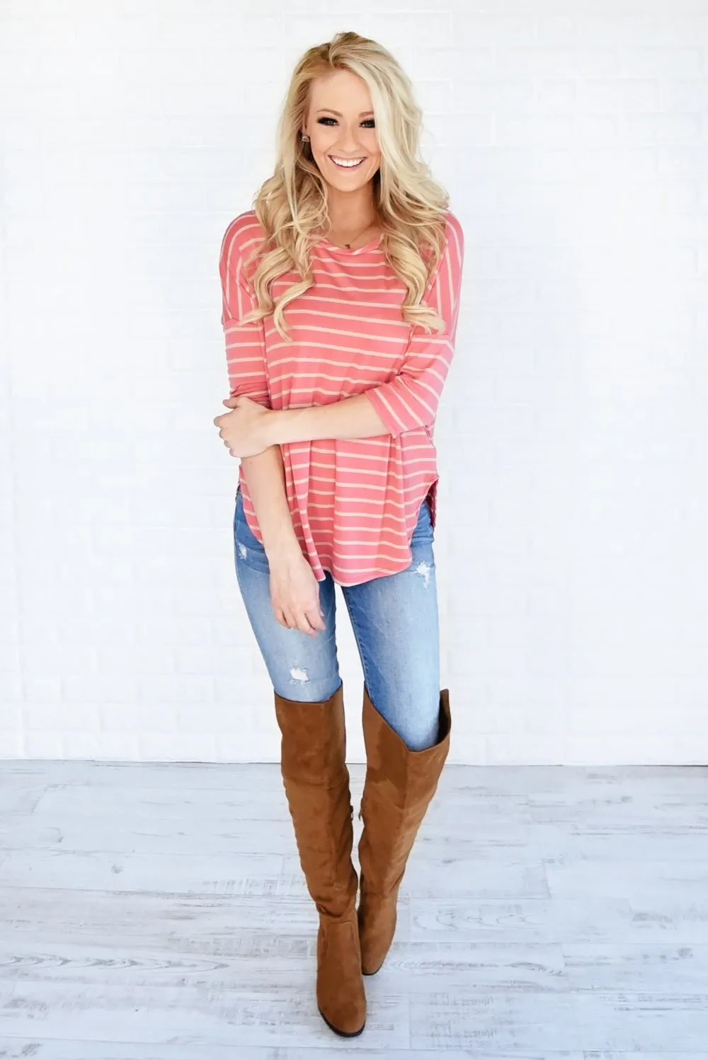 Coral & Tan Striped Top