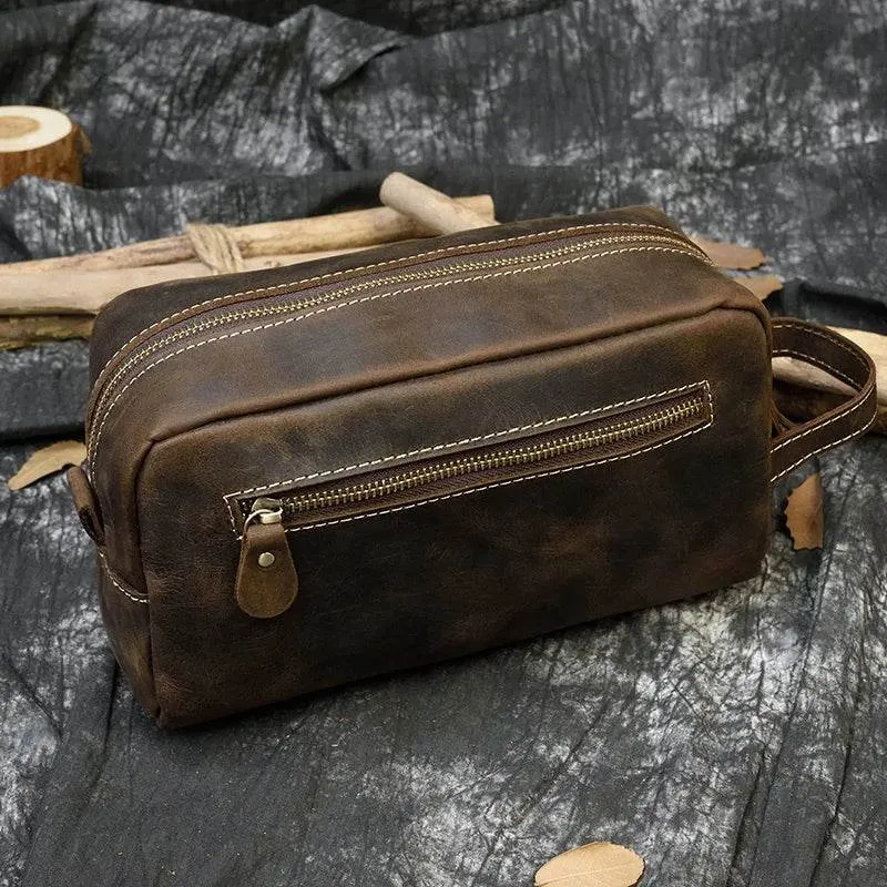 Crazy Horse Genuine Leather Small Travel Toiletry Bag