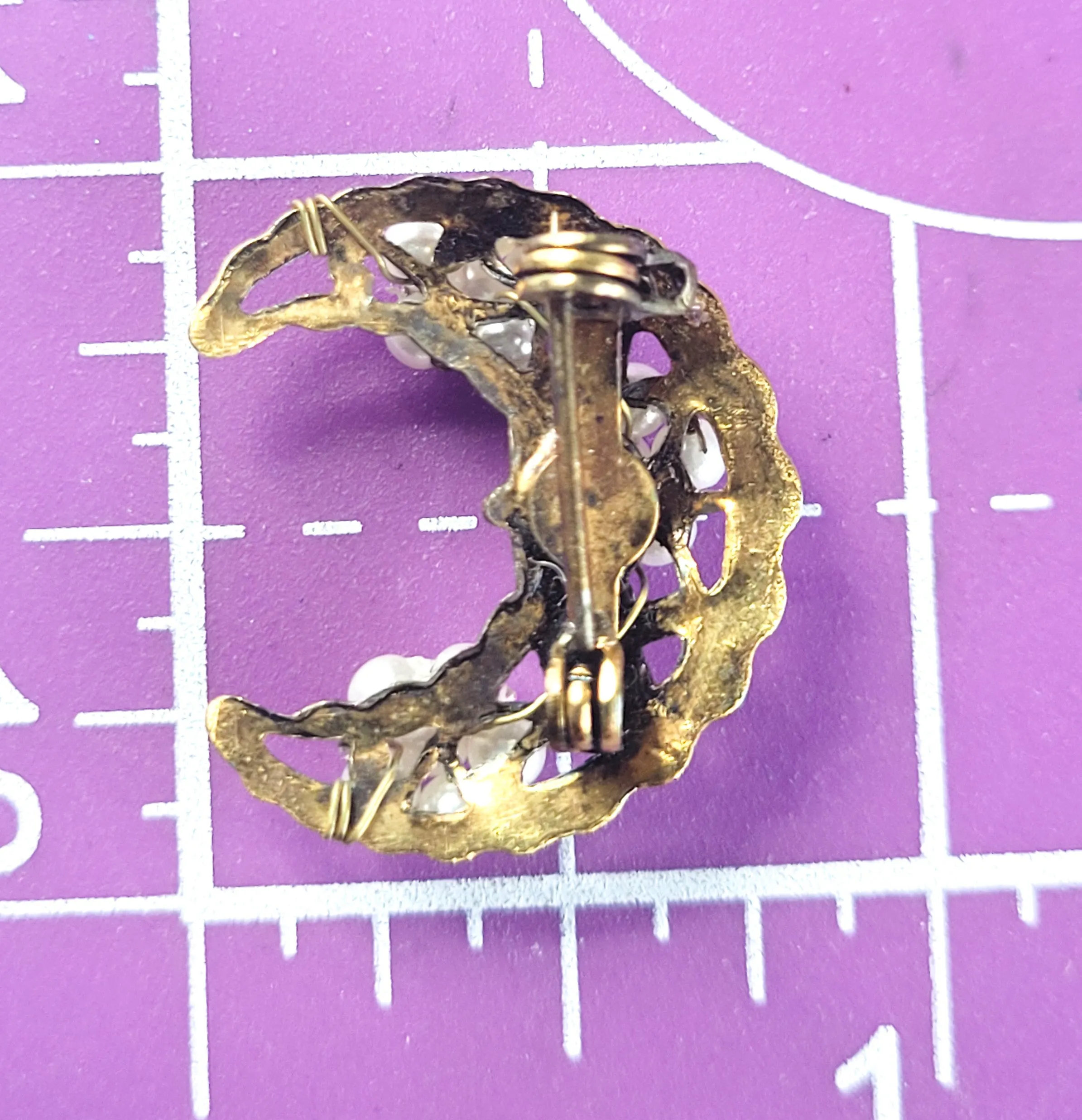 Crescent moon gold toned vintage brooch with beaded white flower accents