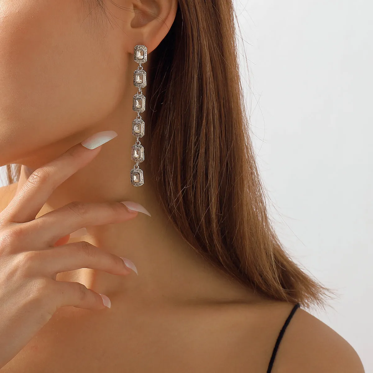 Crystal & Silver-Plated Linked Rectangle Drop Earrings