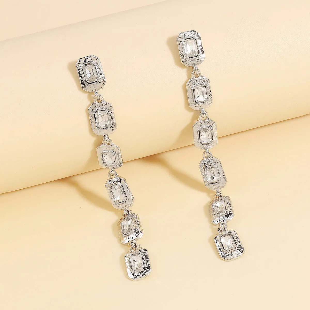 Crystal & Silver-Plated Linked Rectangle Drop Earrings