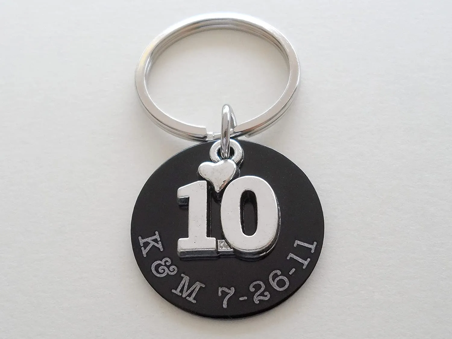 Custom Engraved Anodized Aluminum Disc Anniversary Keychain With a 10 Charm, Couples Keychain