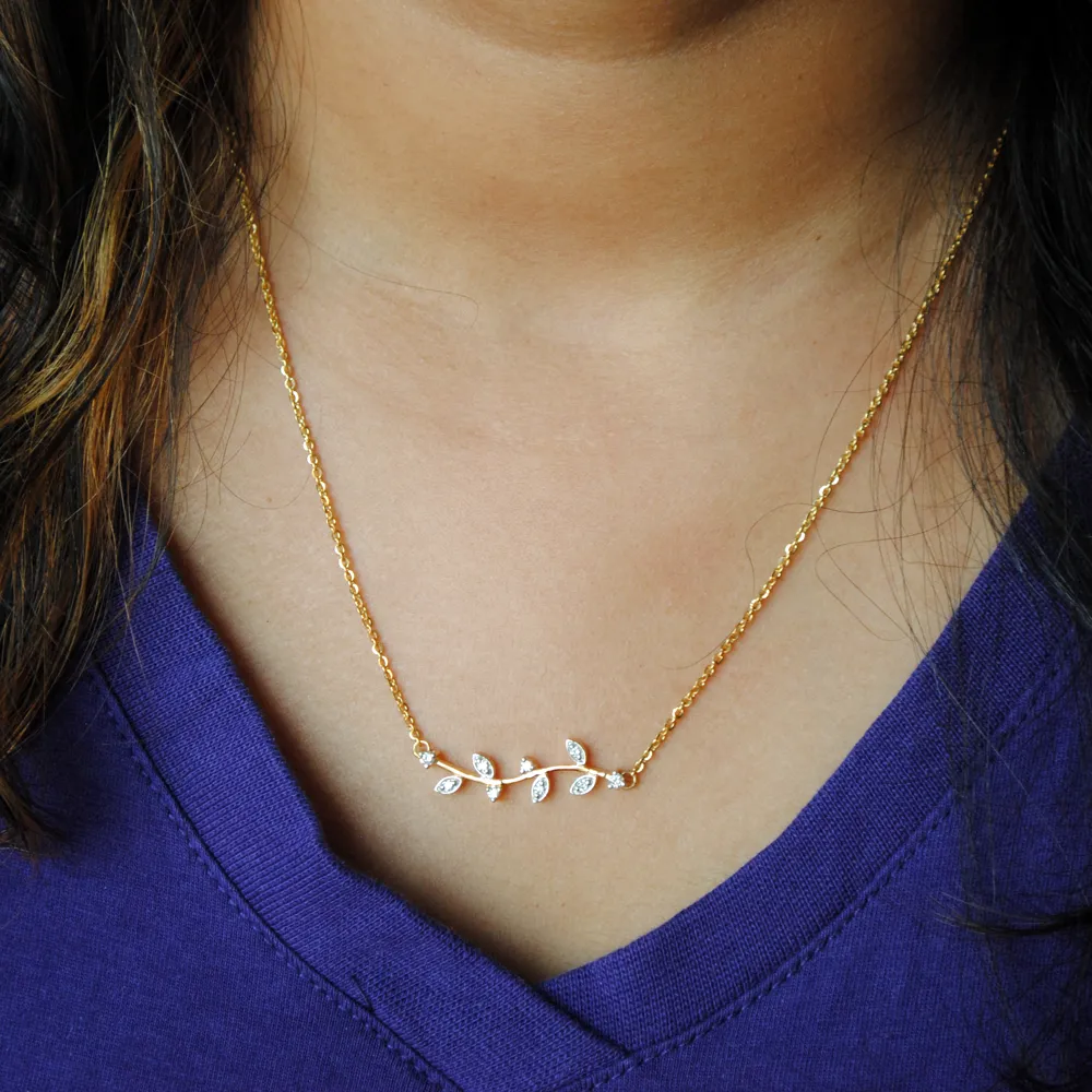Diamond twig Leaf Necklace Set in 14K Gold with Matching Earrings (LP071)