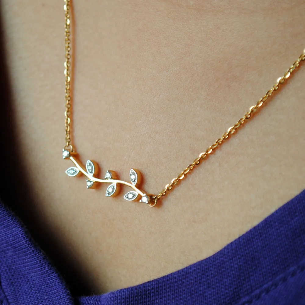 Diamond twig Leaf Necklace Set in 14K Gold with Matching Earrings (LP071)