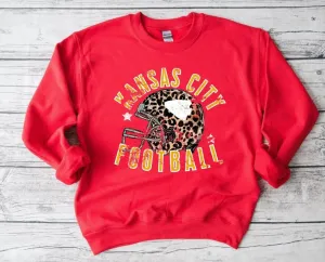 Distressed Kansas City Football Leopard Helmet Sweatshirt - Red