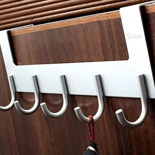 Door Hooks Hanger Rack, Anjuer Aluminum Utility Organizer Towel Hooks Holder for Kithchen Bathroom, 5 Hooks Over The Door Hanger Silver