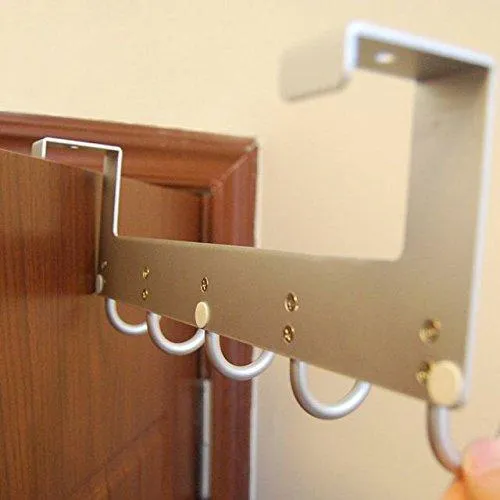 Door Hooks Hanger Rack, Anjuer Aluminum Utility Organizer Towel Hooks Holder for Kithchen Bathroom, 5 Hooks Over The Door Hanger Silver