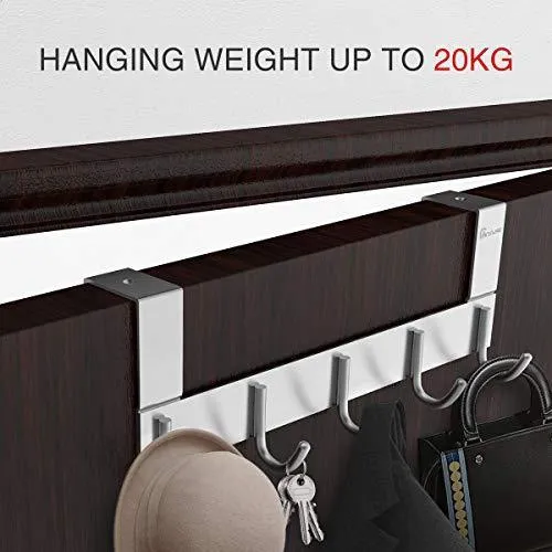 Door Hooks Hanger Rack, Anjuer Aluminum Utility Organizer Towel Hooks Holder for Kithchen Bathroom, 5 Hooks Over The Door Hanger Silver