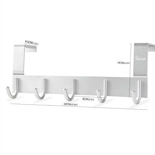 Door Hooks Hanger Rack, Anjuer Aluminum Utility Organizer Towel Hooks Holder for Kithchen Bathroom, 5 Hooks Over The Door Hanger Silver