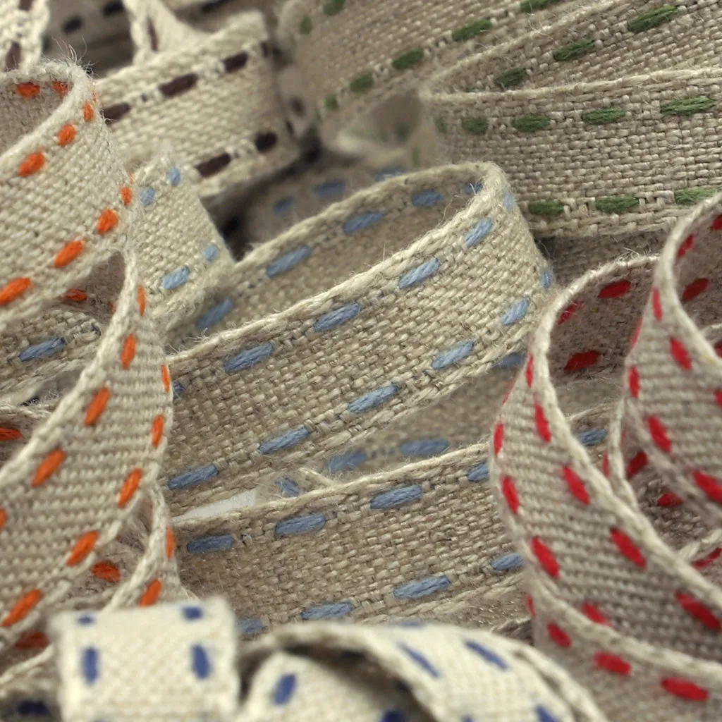 Double Stitched Linen Ribbon #3 Ecru & Red